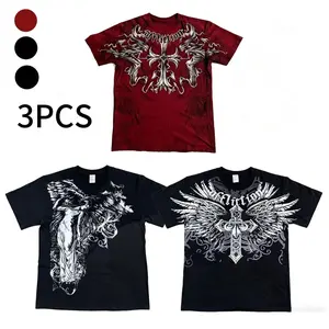 2026 New Menswear 3pcs Graphic T-Shirts, Men's Round Neck Short-Sleeve Unisex Crewneck Tops with Cross & Wings Front-Back Print, Polka Dot Vintage Design, Gooner Eat Sleep Goon Repeat
