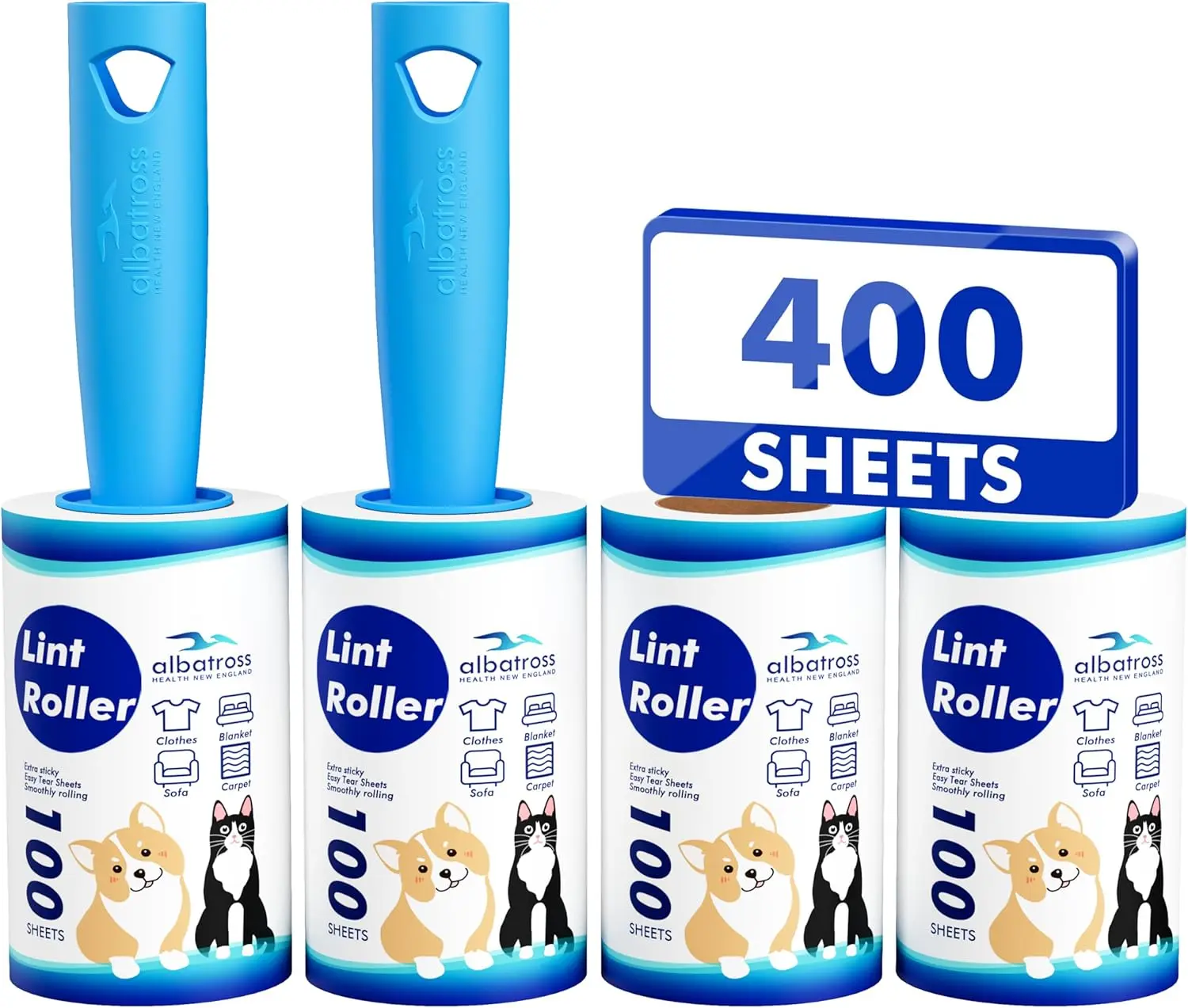 Sticky Lint Roller, Mega Value Set 400 Sheets for Pet Hair Removal, Dog and Cat Lint Remover for Clothes, Furniture, Carpet