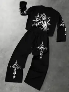 Men's Dark Madonna Totem Long Sleeve Print Set, Fusion of American Street Style and Dark Gothic, Essential Fashion Item for Trendsetters