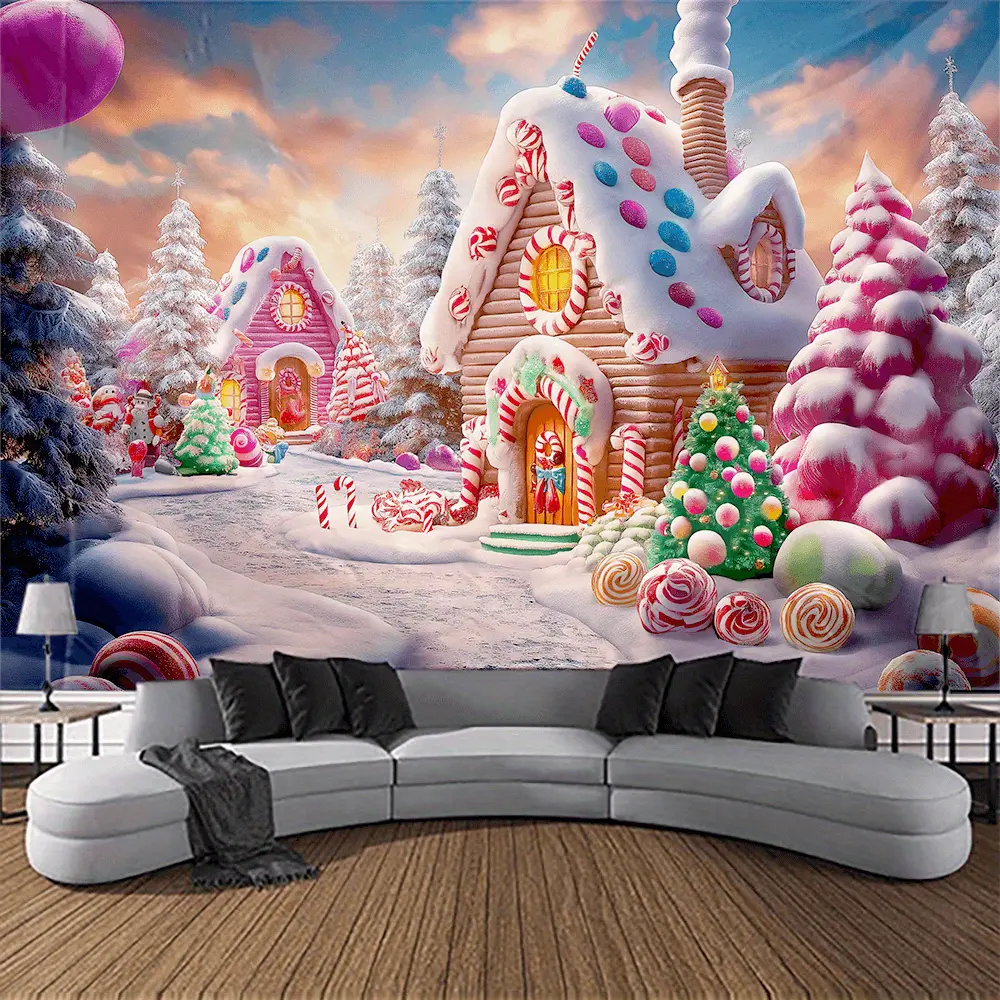 1pc 2D Flat Whimsical Christmas Candy Cottage Town Wall Tapestry - Vibrant Polyester Backdrop with Gingerbread Houses, Candy Trees, Ideal for Festive Living Room Decor Textile Soft Furnishing