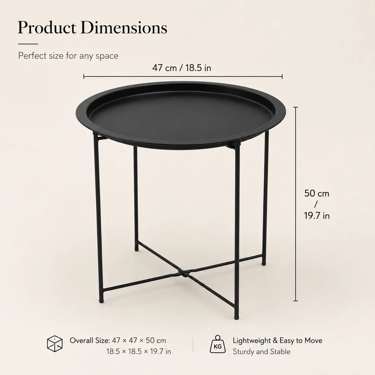 Modern Foldable Round Metal Tray Side Table - Raised Edge Small End Table with Storage for Living Room, Bedroom