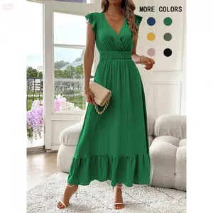 YehGoods 2026 Women's Plain Shirred V Neck Fitted Dress Elegant Chic Fashion Casual Long Dress for Daily Outdoor Wear Summer Graduation Grad Line Lightweight Fabric Asymmetrical Hem Tailored Fit Womenswear Basic