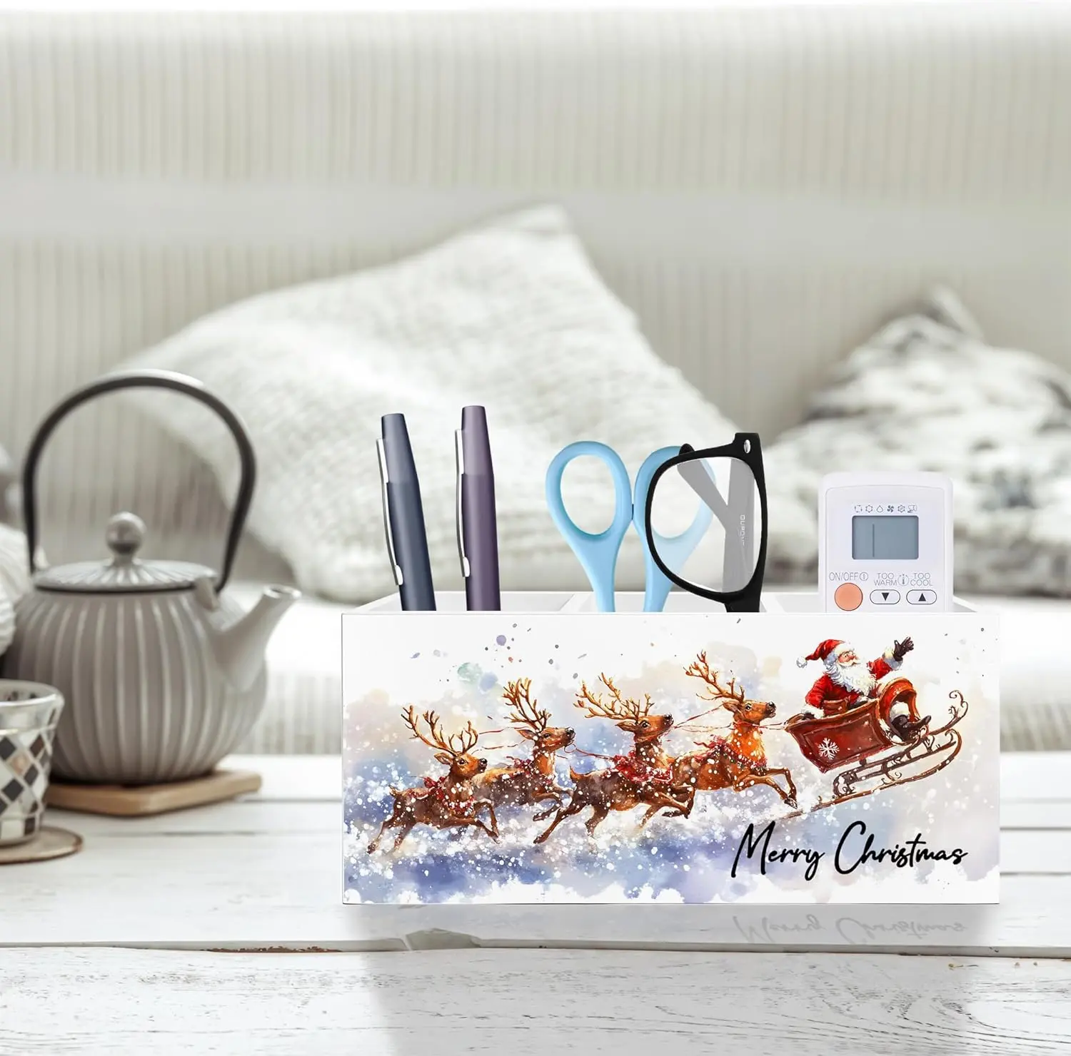 Winter Christmas Santa Pen Pencil Holder for Desk, Christmas Office Decor, Snowy Xmas Santa Claus and Reindeer Wooden Box Block Sign for Home Office Desk Tabletop Decoration