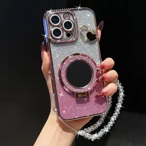 Sparkling Rhinestone Mirror Stand Phone Case with Beaded Bracelet, Anti-Drop Protection for iPhone Models 17 Pro Max to 11 Series