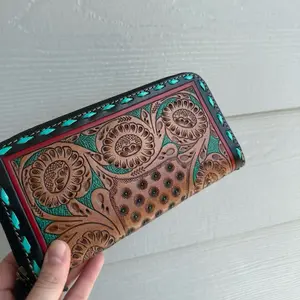 Western Red & Turquosie Tooled Wallet, Hand painted western wallet, turquoise leather hand tooled wallet, western wallet