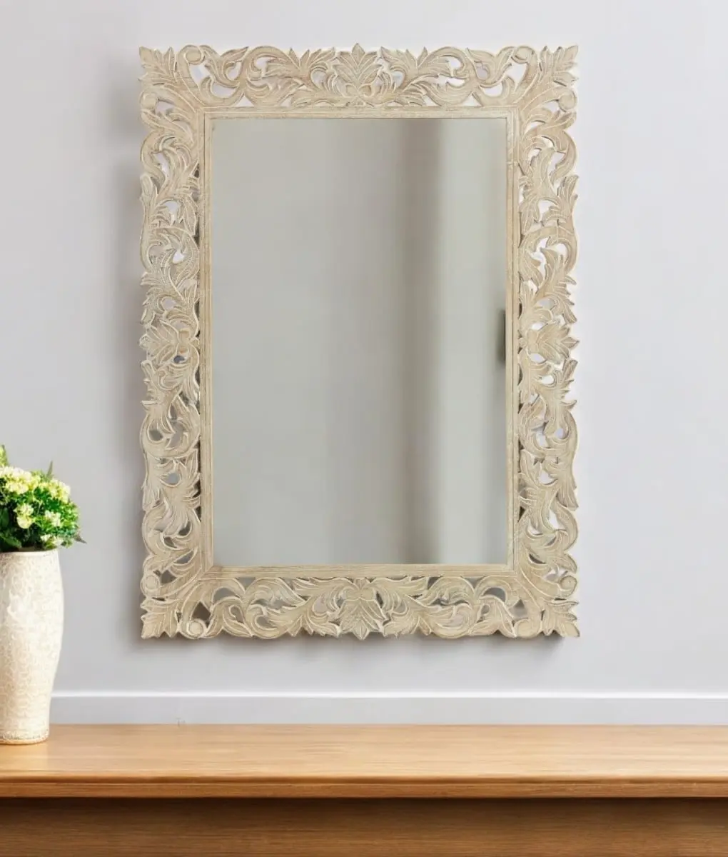 212 MAIN 47 in. Antiqued White Painted Wooden Carved Scrollwork Rectangle Glass Accent Mirror, Wall-Mount Home Improvement Bathroom Fixture with Paint & Installation Hardware