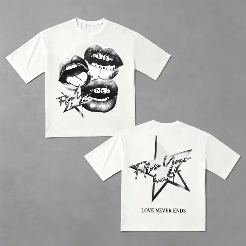 Women's Premium Cotton Short Sleeve Crew Neck Regular Fit T-Shirt - Graphic Lips Star Print, Vintage Streetwear Drop Shoulder Unisex Casual Wear Short Sleeve Top