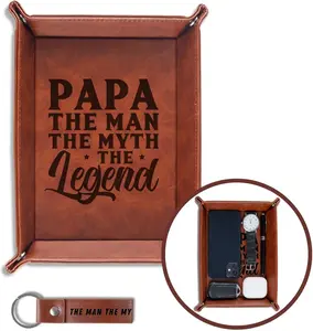 Papa Gifts Valet Tray, PU Leather Bedside Tray with Keychain for Grandpa, Perfect for Father's Day, Birthday, Christmas - The Man The Myth The Legend