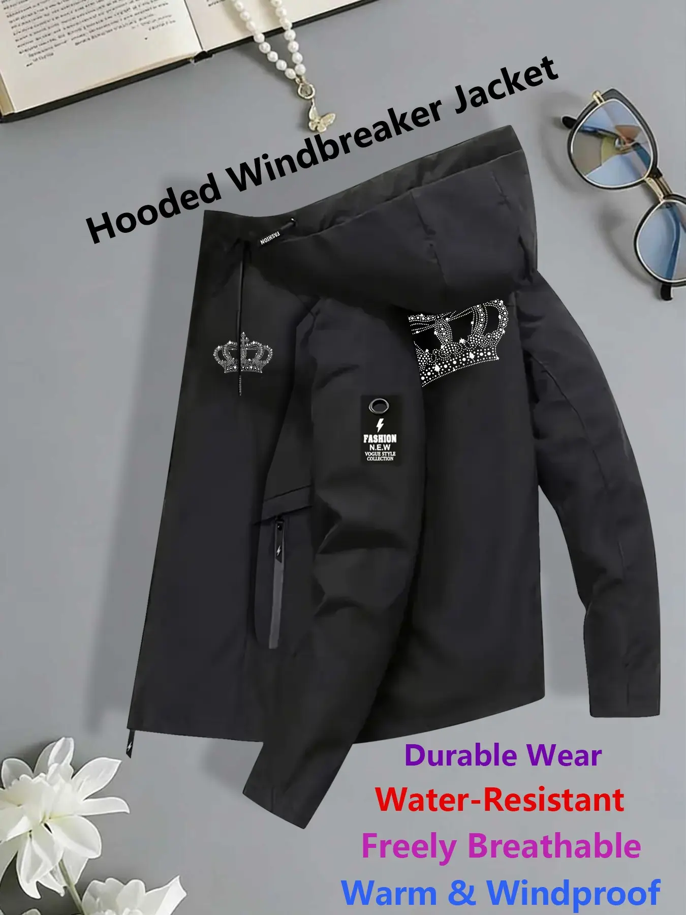 Women's Hooded Windbreaker Jacket Polka Dot Crown Front-Back Print Outdoor Windproof Coat Water-Resistant Breathable Durable Comfortable Lightweight for Young Ladies Daily Commute Leisure Outings Weekend Getaways in Spring Autumn Winter