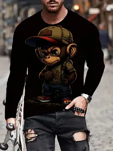 Men's Cartoon Monkey Print Long Sleeve T-Shirt, Street Style Casual Top, Fitted H-Type, Graphic Pattern, All Seasons, Streetwear, Menswear