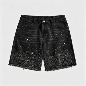 Men’s summer black denim shorts featuring a fashionable rhinestone design; loose streetwear shorts with sparkling rhinestones and a distinctive distressed look—ideal for everyday casual street fashion wear.
