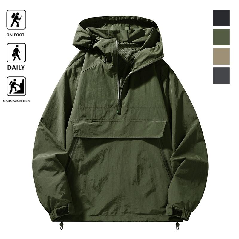 Half Zipper Mountain Style Loose Fit Pullover Hooded Outdoor Casual Autumn Trendy Brand Men's Jacket - Men's Jackets - Men's Clothing
