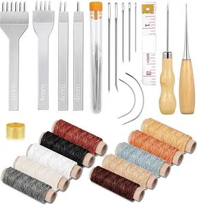 35 Pcs Leather Stitching Pouch Kit with 4mm Prong Sewing Hole Punch, Leather Sewing Tools, Waxed Thread and Large-Eye Stitching Needles for Beginner Leather Sewing Working Crafting Projects