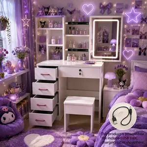 Space Saving All-in-One Dressing Vanity Table 31.5in Wide 52.4in Tall White LED Mirror Makeup Desk, 5 Drawers Open Shelves + 14.2×9.4×15.7in Cushioned Stool for Small Bedroom & Dorm