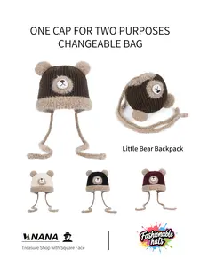 Original design, cute Halloween bear plush knitted hat for autumn and winter, with fleece lining for warmth and a small face effect (suitable for both adults and children)