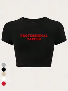 Women's Letter Print Round Neck Crop Tee, Casual Short Sleeve Crew Neck T-Shirt for Summer, Streetwear Tops for Women, Graphic Top