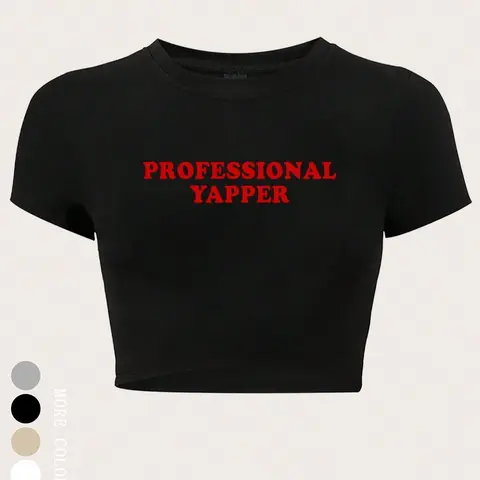 Women's Letter Print Round Neck Crop Tee, Casual Cropped Tees, Casual Short Sleeve Crew Neck T-Shirt for Summer, Streetwear Tops for Women, Graphic Top, Daily Wear Tops