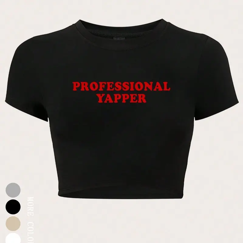 Women's Letter Print Round Neck Crop Tee, Casual Cropped Tees, Casual Short Sleeve Crew Neck T-Shirt for Summer, Streetwear Tops for Women, Graphic Top, Daily Wear Tops