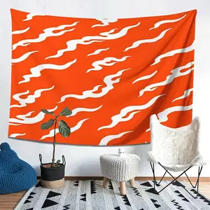 Orange and White Wave-Print Linen Tapestry - Lightweight Daily Home Decor, Stylish Peach-Toned Wall Cloth, Bedroom Dorm Privacy Cover