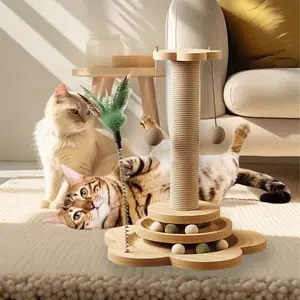 Pine Wood Cat Scratching Post, Vertical Sisal Climbing Frame with Turntable and Play Ball, Wear-resistant and Non-shedding Structure, Sturdy Household Pet Furniture, Prevents Household Items From Being Scratched