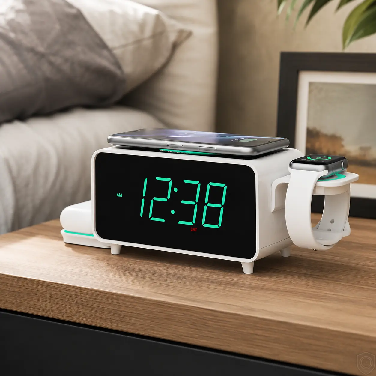 Covert Wi-Fi Security Camera Alarm Clock Charging Station 90 Degree Lens Dual Band Connectivity 4K Video Streaming for Home & Office Security