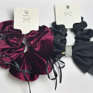 Elegant Scrunchies Set - Burgundy Velvet With Ribbons & Black Bow Hair Ties with Pearls Versatile Elastic