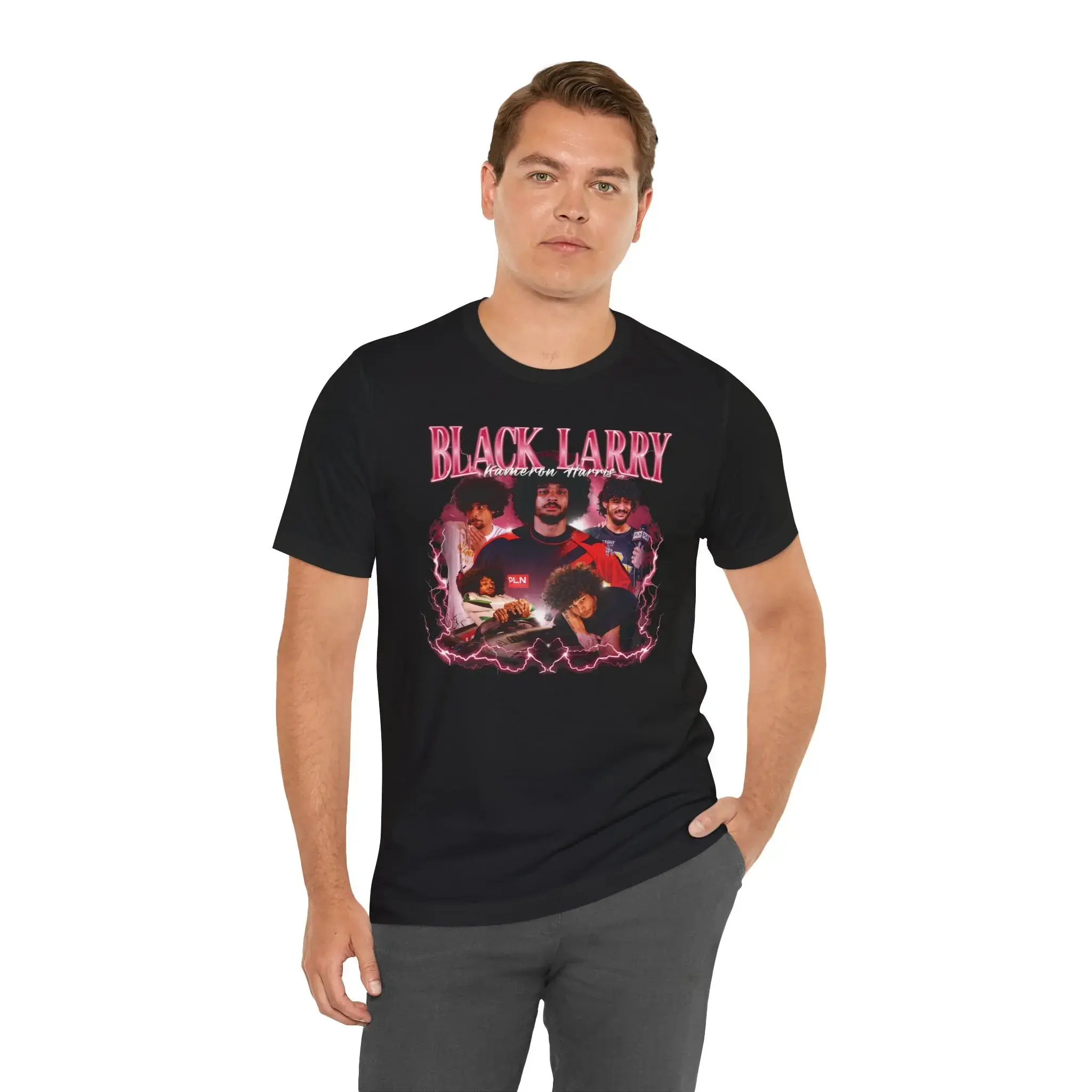 Men's Black Cotton Crew Neck Short-Sleeve Graphic T-Shirt - Larry PLN Printed Soft Regular Fit Sports Top, Casual Daily Streetwear Clothes, Menswear, Classic, Shortsleeve, Stylish, Round Neck, Casual Top, Graphic Front, Tee, Apparel, Year-Round