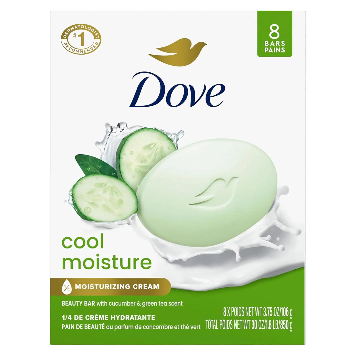 Dove Cool Moisture Beauty Bar Soap 8 Count, Refreshing Cleanser, 3.75 oz | Moisturizing beauty bar with cucumber and green tea scent for refreshed, soft skin