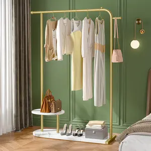 Raybee 67.3" H Gold Clothing Rack, Modern Coat Rack with 2-Tier Storage, Clothes Rack with a Display Stand for Boutique Store, Living Room, Bedroom, Small Space