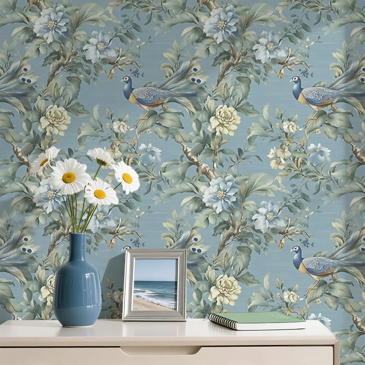Vintage Peacock Bird Wallpaper Peel and Stick, Mould-Proof Boho Floral Wall Decor, Elegant Blue Botanical Pattern for Living Room, Peel and Stick Wallpaper Designs