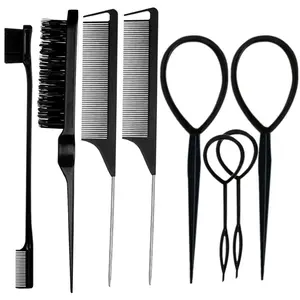 8Pcs Black Hair Brushes Set with 4Pcs Topsy Tail Tools, Teasing Bristle Brush, Edge Control Brush, and 2Pcs Metal Pin Rat Tail Combs for Women'S Hair Styling and Brushing ZVOREL
