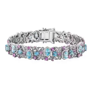 Blue Zircon, Pink Sapphire & Moissanite Cluster Tennis Bracelet in Rhodium over Sterling Silver 20.10ctw