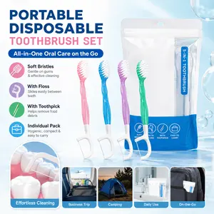 Portable Disposable Toothbrush Set, soft bristle & all-in-one design, comes with floss and toothpick, compact packaged oral care kit, lightweight travel essentials for business trips, camping and daily on-the-go use