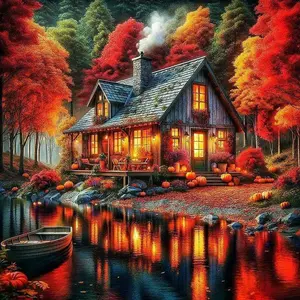 5D DIY Full Drill Round Diamond Painting - Diamond Painting Kit Autumn Cottage Mosaic Canvas DIY Wall Art, Home Wall Decoration