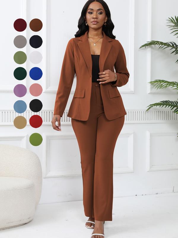Women's Two-Piece Set Plain Button Lapel Blazer & Suit Pants, Elegant Business Casual Long Sleeve Outerwear & Trousers for Daily Outdoor Wear, Women's Clothing for All Seasons