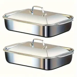 4-piece Set: 2 Deep Pans and 2 Lidded Pans with Handles, Stainless Steel Rectangular Baking Pans with Steel Lids - 6-liter Large Capacity, 16.14-inch Deep Baking Pan, Fish Pan, Roasting Pan, Lasagna Pan, Chicken, Dishwasher Safe, Gift for Men