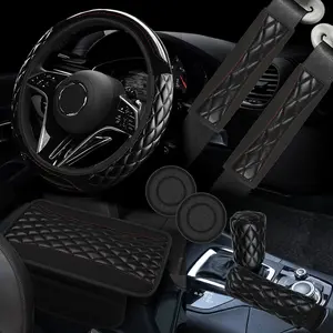 8PCS Car Accessories Set, Leather Car Steering Wheel Cover, Armrest Pad, Seat Belt Cover Pads, Gear Shift & Handbrake Covers, Cup Holder Coasters, Universal Auto Interior Accessories (Black)