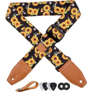 Guitar Strap 2",  Print Floral Guitar Straps with Full Grain Leather End, for Bass, Electric and Acoustic Guitars, Free Strap Button, Strap Locks and Guitar Picks
