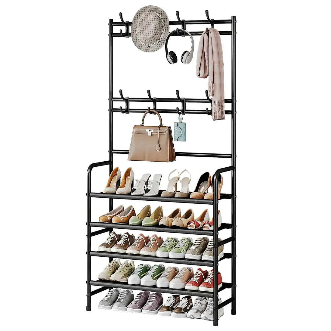Shoe Rack 5 Tier With Coat Rack, Freestanding Shoe Organizer For 15-20 Pairs With 8 Hooks, Entryway Closet Storage Shelf, Black