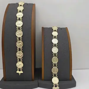 SAINT BENEDICT religious  set 2  coins  bracelets style gold-plated 7 ½inches