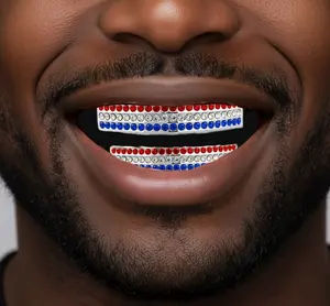 Team Color Silver Iced CZ Teeth Bling Grillz Red White Blue