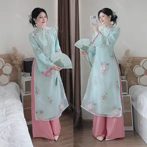 House of Ao Dai Blue Women Chiffon Vietnamese Ao Dai Dress with Pink Silk Pants for Wedding Guest Vietnamese Bridesmaids Tet 2026 Ao Dai