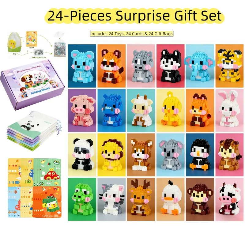 24-Piece BPA-Free Cute Lion Lamb Animal Building Blocks Set, Bricks and Minifigs, Educational Toy for Girls, Animal Character Diorama Kits, Valentine's Day Gift, Desktop Decoration Model, F1 Steering Wheel Cards Brick Set