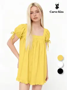 Cider Square Neck Solid Ruffle Knotted Short Sleeve Blouse - Casual Summer Top with Puff Sleeves and Fitted Fit SwimWeek