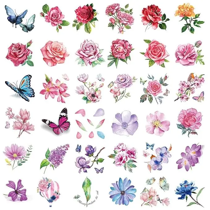 40 Sheets Flowers Temporary Tattoos Small Stickers 3D Rose Peony Lavender Leaf Butterfly Flower Collection Waterproof Fake Tattoos for Women Girl, Watercolor Floral Body Art Tattoo Stickers