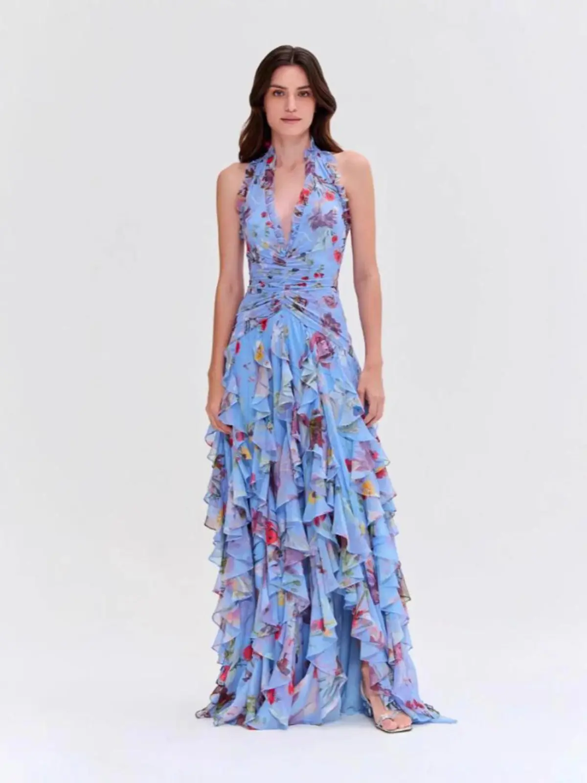 Women's 2026 Summer Elegant Blue Colorful Floral Print Sheer Chiffon Halter Maxi Dress - Deep V, Ruched Waist, Tiered Ruffle, High Slit Formal Dress for Wedding Guest, Evening Party (Soft Fabric), Breathable, Cocktail, Light, Wedding Guest Dresses