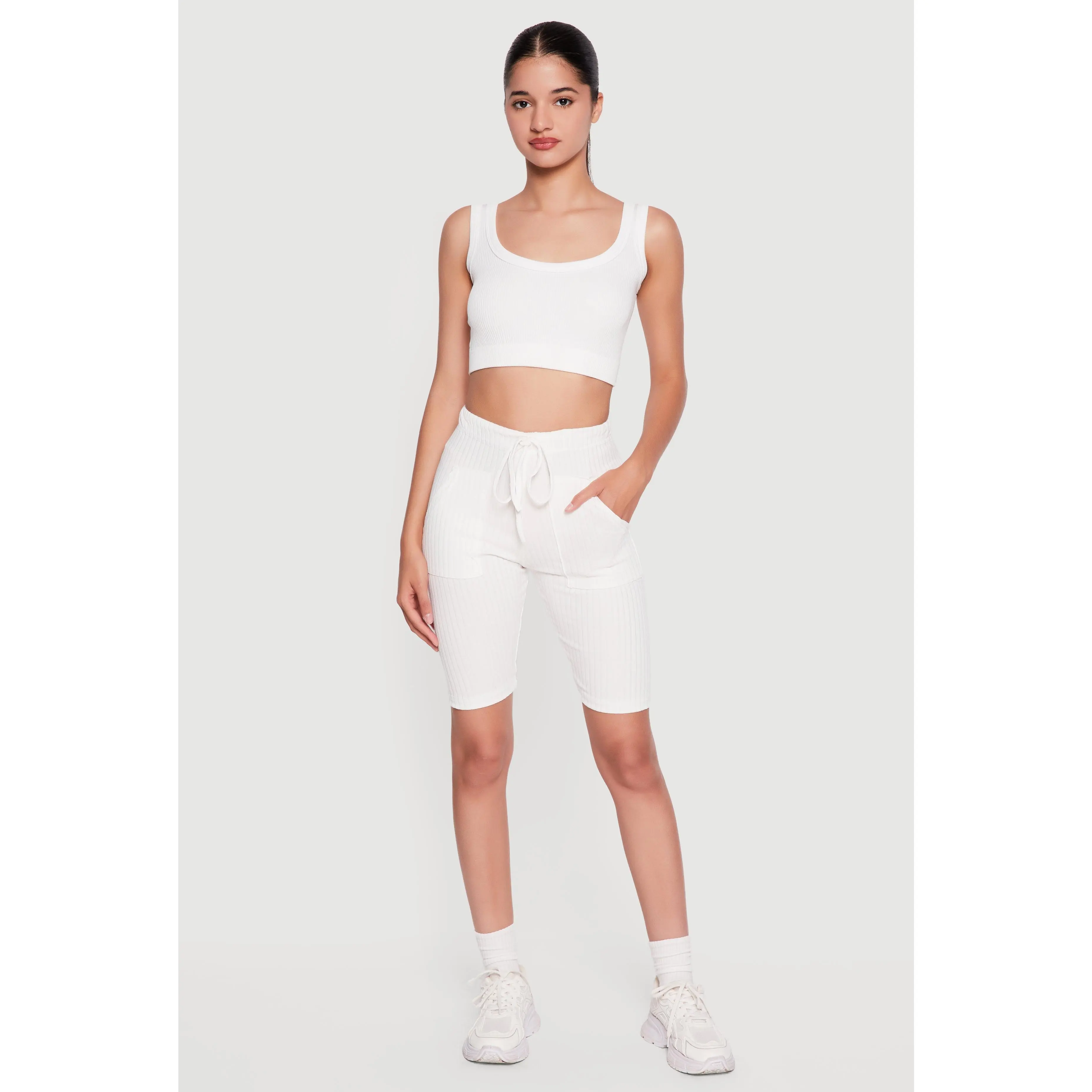 Faux Drawstring Waist Ribbed Knit Shorts