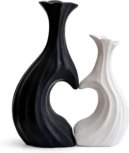 Ceramic Vases for Home Decor, Modern Heart Shaped Vase Set of 2, Matte Farmhouse Dried Fake Flowers Vase for Office, Living, Dining Room, Kitchen