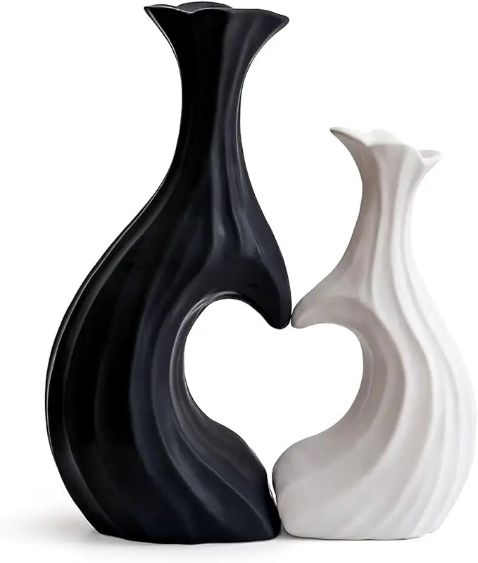 Ceramic Vases for Home Decor, Modern Heart Shaped Vase Set of 2, Matte Farmhouse Dried Fake Flowers Vase for Office, Living, Dining Room, Kitchen