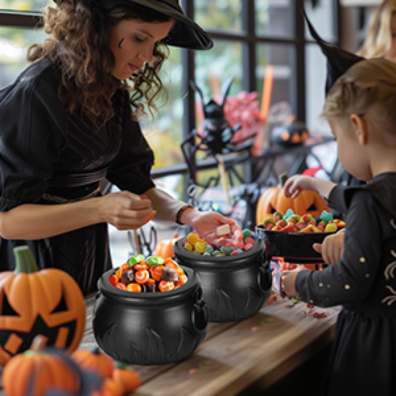 Halloween Tabletop Decoration Set of 3 Skeleton Cauldron Candy Bowls with Rack for Spooky Fun with Skeletons and Pumpkins Plastic Material
